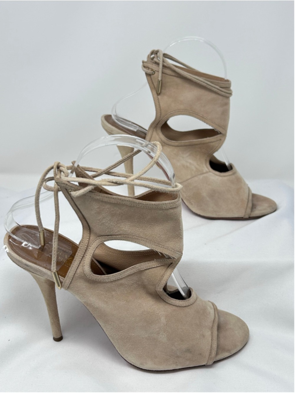 Aquazzura Sexy Thing Nude Beige Suede Lace Up Heels 38.5 Peep Toe - Picture 5 of 12